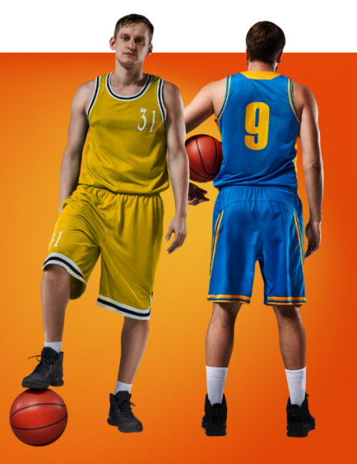 Two basketball players in yellow (31) and blue (9) uniforms stand on an orange gradient background; the yellow player has a ball at his foot.