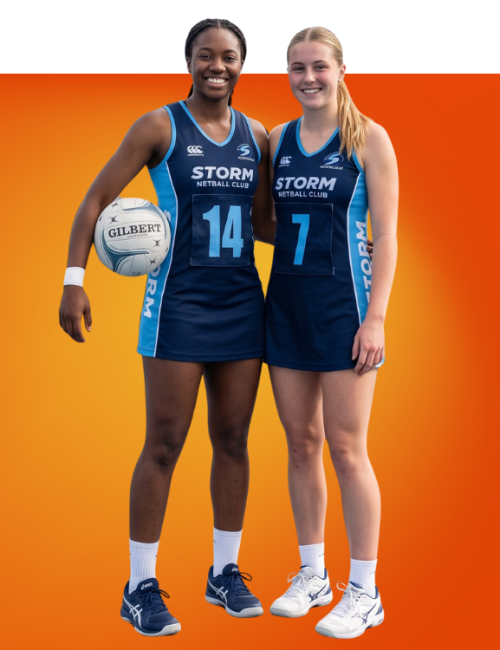 Two female Storm Netball Club players in blue uniforms stand together, one holding a netball, against an orange gradient background.