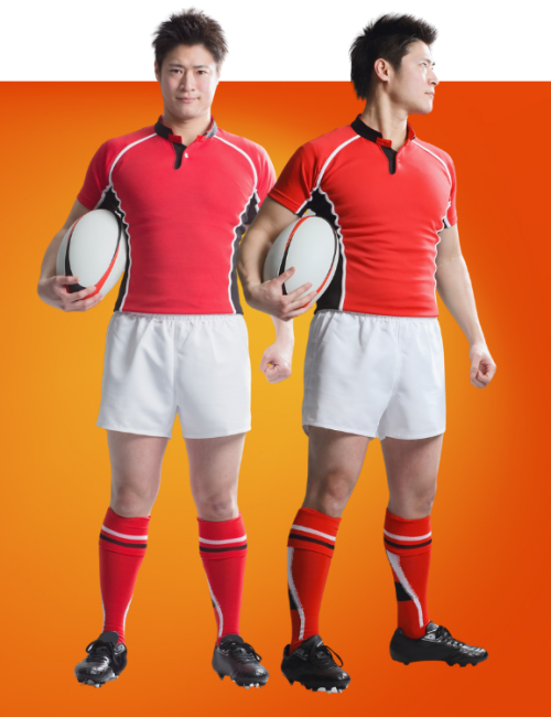 Two rugby players in red jerseys and white shorts stand with rugby balls, against an orange gradient backdrop.